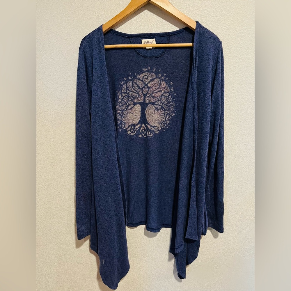 Lakhays Boho Indie Tree Of Life Waterfall Open Sweater Cardigan Blue Size L/XL